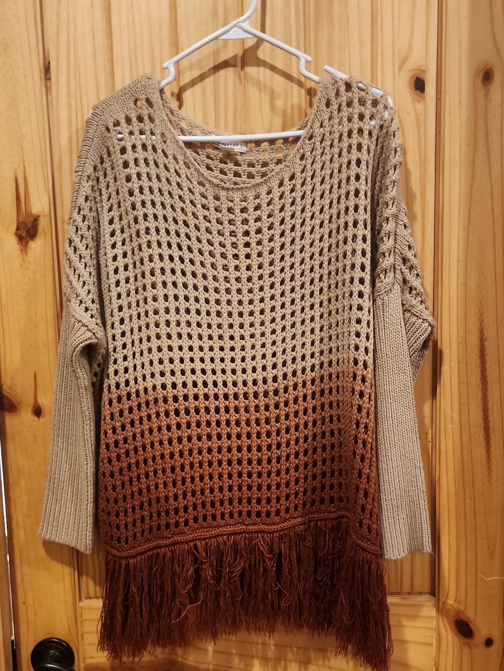 Love Riche Open-Knit Fringe Sweater in Beige and Brown